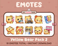 Yellow Bear Twitch emote pack featuring 10 emotes including kiss, facepalm, shy, and raid.