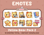 Yellow Bear Twitch emote pack featuring 10 emotes including kiss, facepalm, shy, and raid.