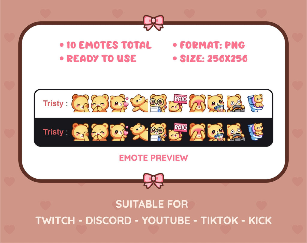 Yellow Bear Twitch emote pack preview displaying all 10 emotes with format and size information.