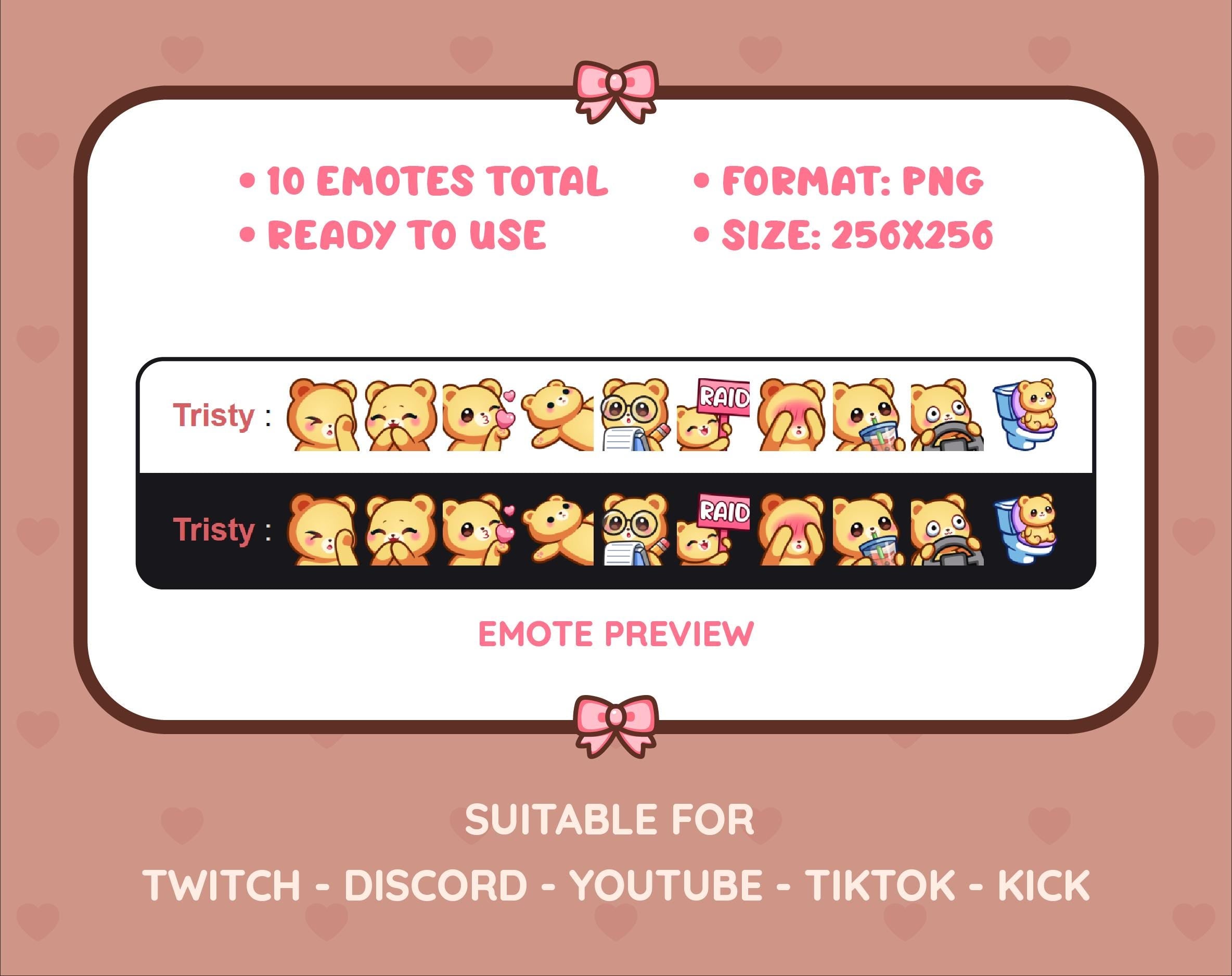 Yellow Bear Twitch emote pack preview displaying all 10 emotes with format and size information.