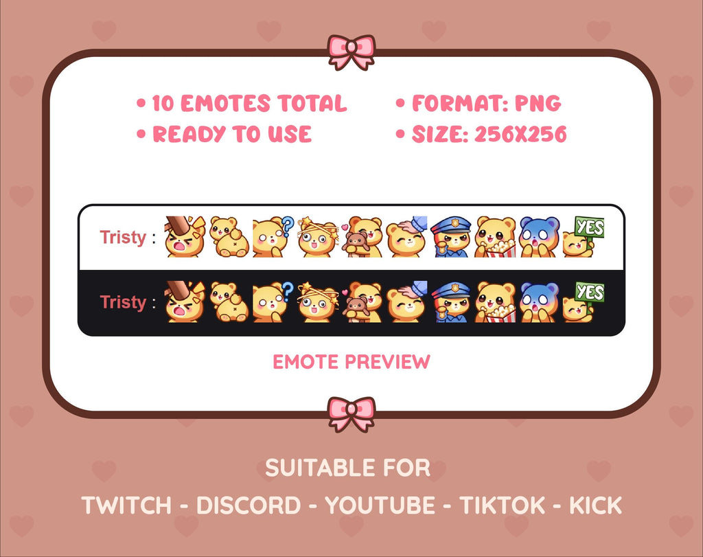Yellow Bear Twitch emote pack preview displaying all 10 emotes with format and size information.
