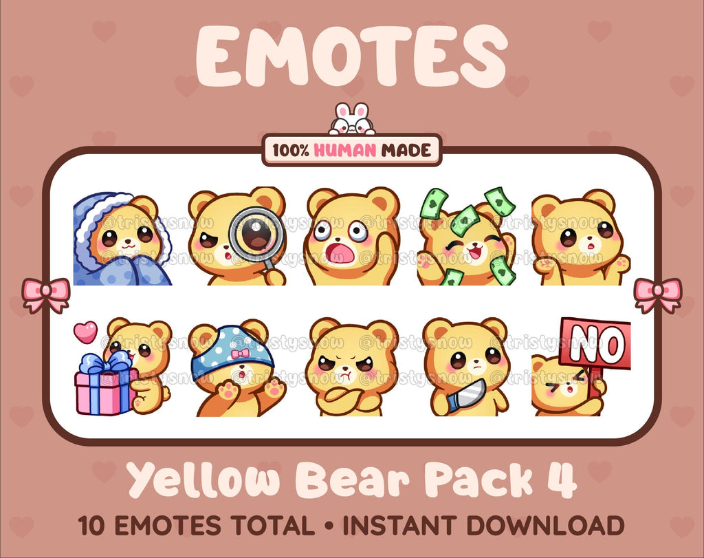 Yellow Bear Twitch emote pack featuring 10 emotes including cozy, sus, panic, and shrug.