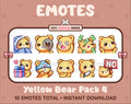 Yellow Bear Twitch emote pack featuring 10 emotes including cozy, sus, panic, and shrug.