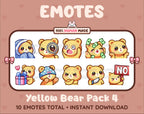 Yellow Bear Twitch emote pack featuring 10 emotes including cozy, sus, panic, and shrug.