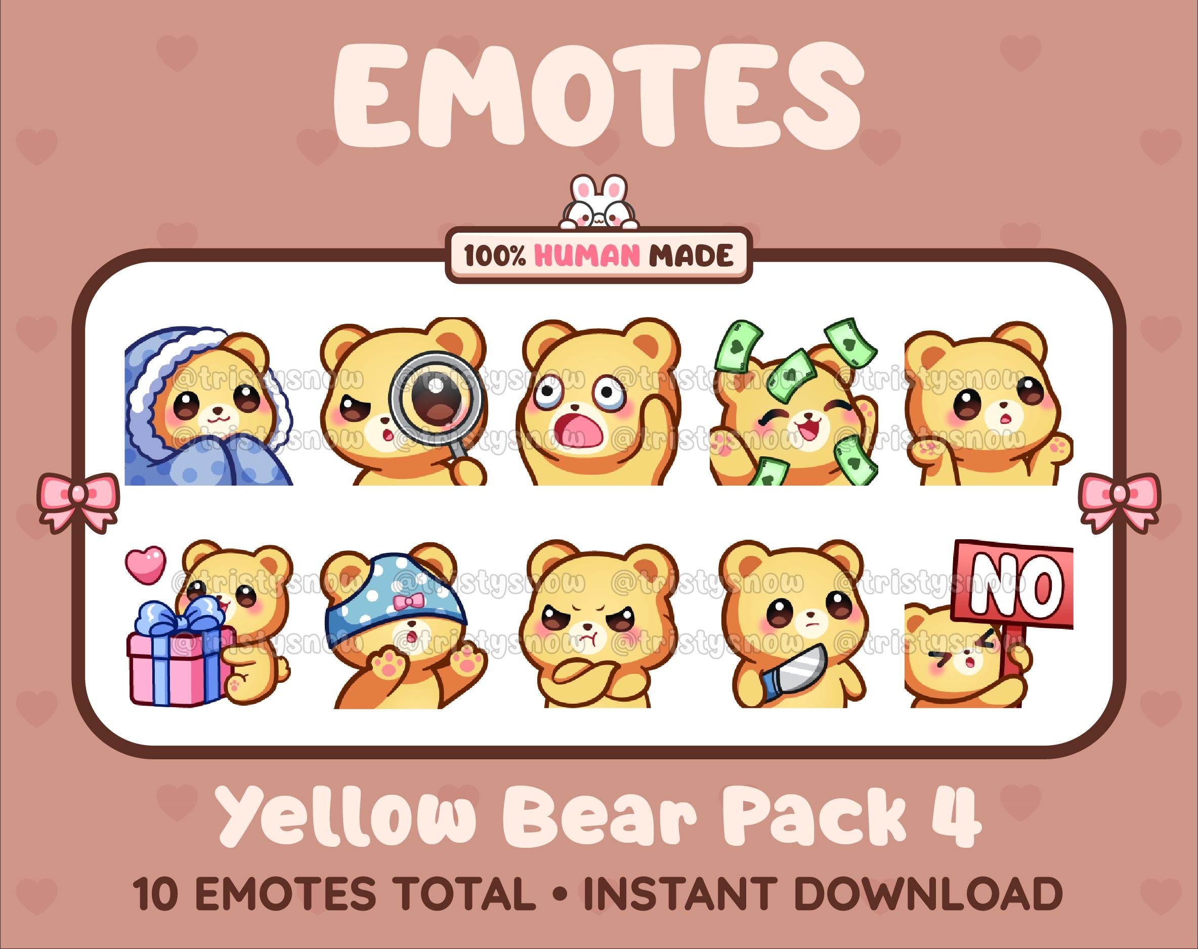 Yellow Bear Twitch emote pack featuring 10 emotes including cozy, sus, panic, and shrug.