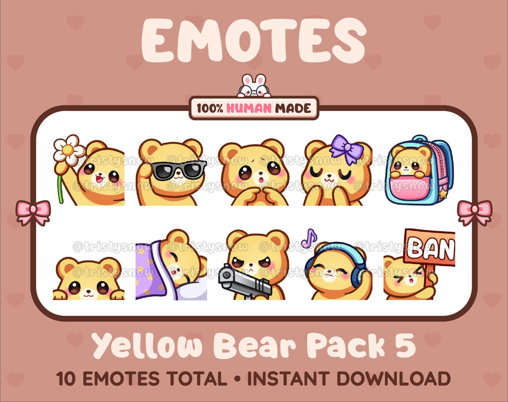 Yellow Bear Twitch emote pack featuring 10 emotes including flower, cool, plead, and lurk.