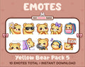 Yellow Bear Twitch emote pack featuring 10 emotes including flower, cool, plead, and lurk.