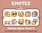 Yellow Bear Twitch emote pack featuring 10 emotes including flower, cool, plead, and lurk.