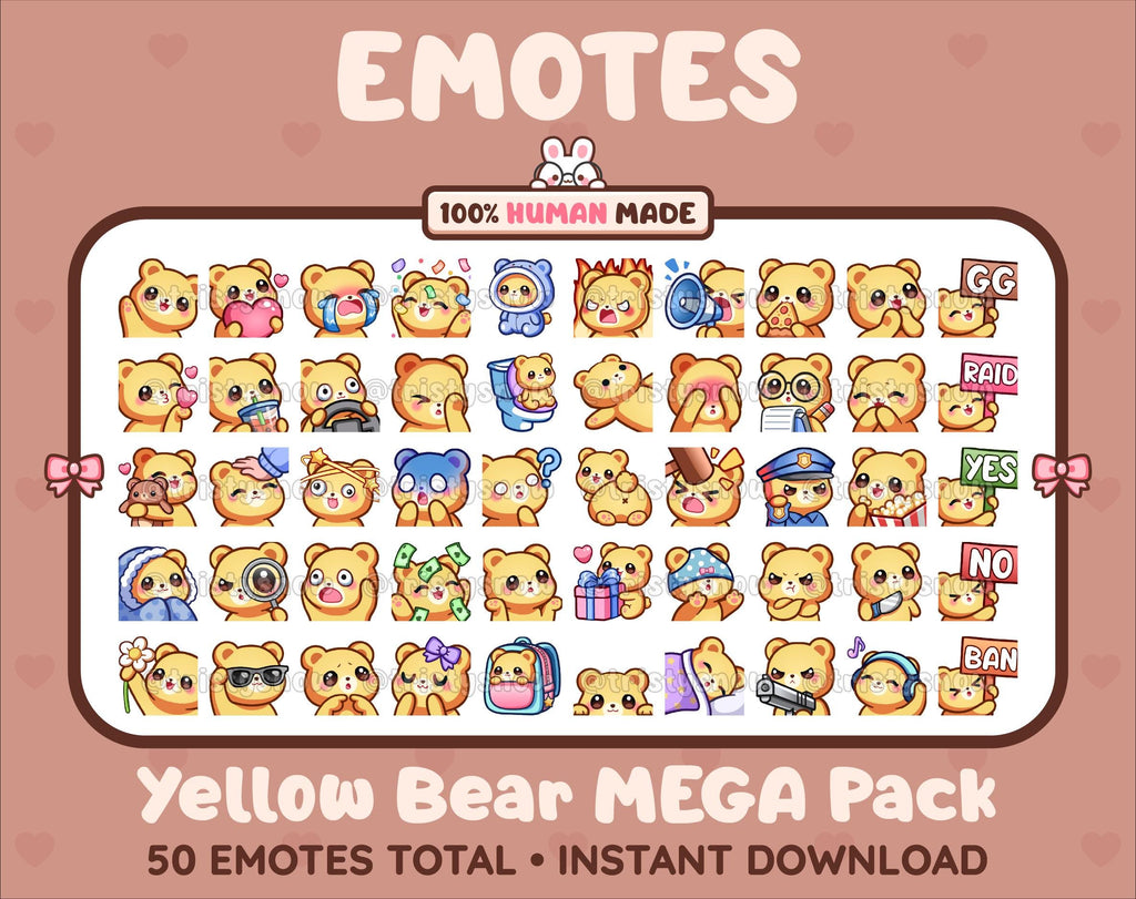 Yellow Bear Twitch emote mega pack featuring 50 emotes including hype, kiss, raid, and lurk.