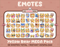 Yellow Bear Twitch emote mega pack featuring 50 emotes including hype, kiss, raid, and lurk.
