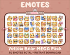 Yellow Bear Twitch emote mega pack featuring 50 emotes including hype, kiss, raid, and lurk.