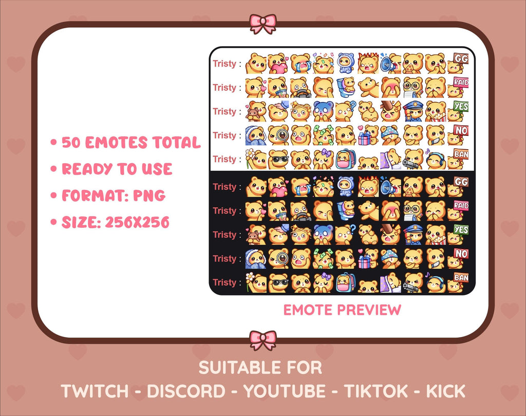 Yellow Bear Twitch emote mega pack preview displaying all 50 emotes with format and size information.