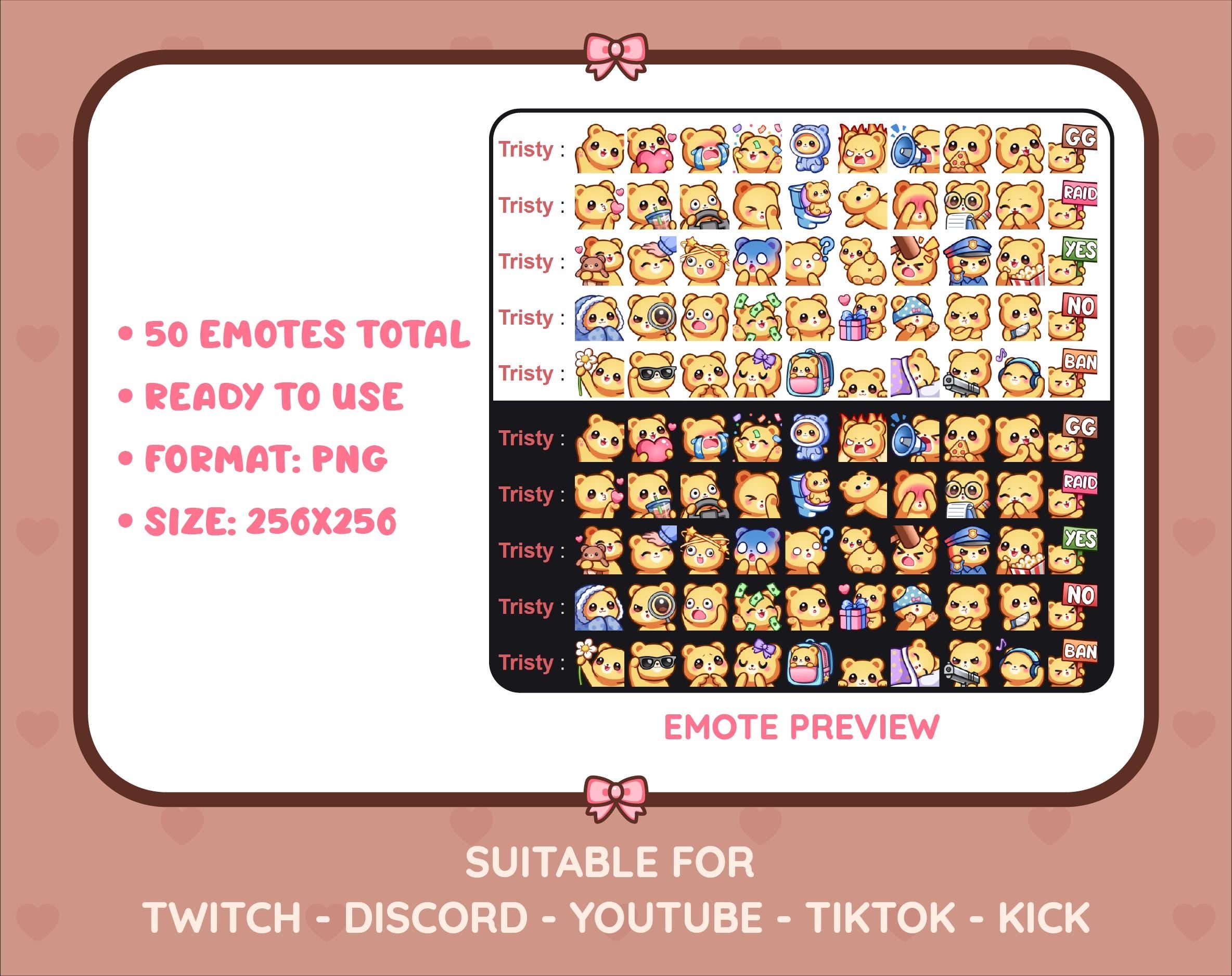 Yellow Bear Twitch emote mega pack preview displaying all 50 emotes with format and size information.