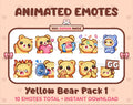 Yellow Bear animated Twitch emote pack featuring 10 emotes including GG, angry, cry, and hype.