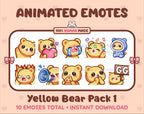 Yellow Bear animated Twitch emote pack featuring 10 emotes including GG, angry, cry, and hype.