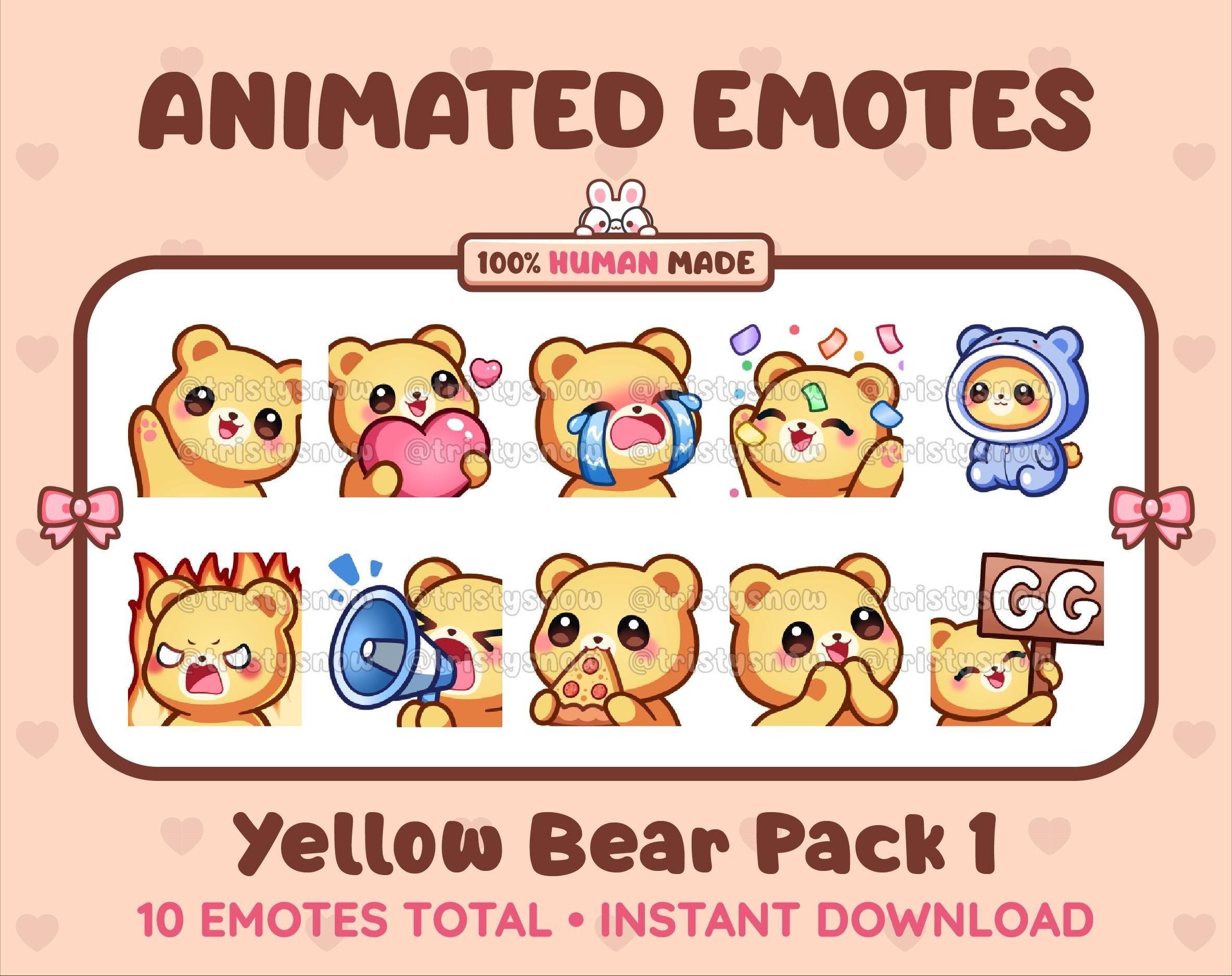Yellow Bear animated Twitch emote pack featuring 10 emotes including GG, angry, cry, and hype.