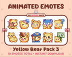 Yellow Bear animated Twitch emote pack featuring 10 emotes including hug, scared, bonk, and popcorn.
