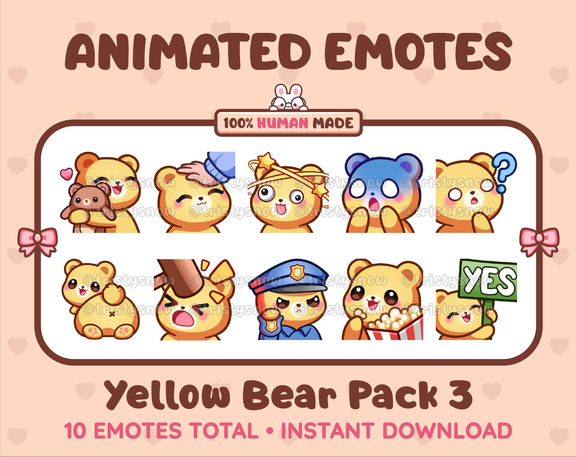 Yellow Bear animated Twitch emote pack featuring 10 emotes including hug, scared, bonk, and popcorn.