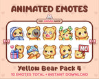 Yellow Bear animated Twitch emote pack featuring 10 emotes including cozy, sus, panic, and shrug.