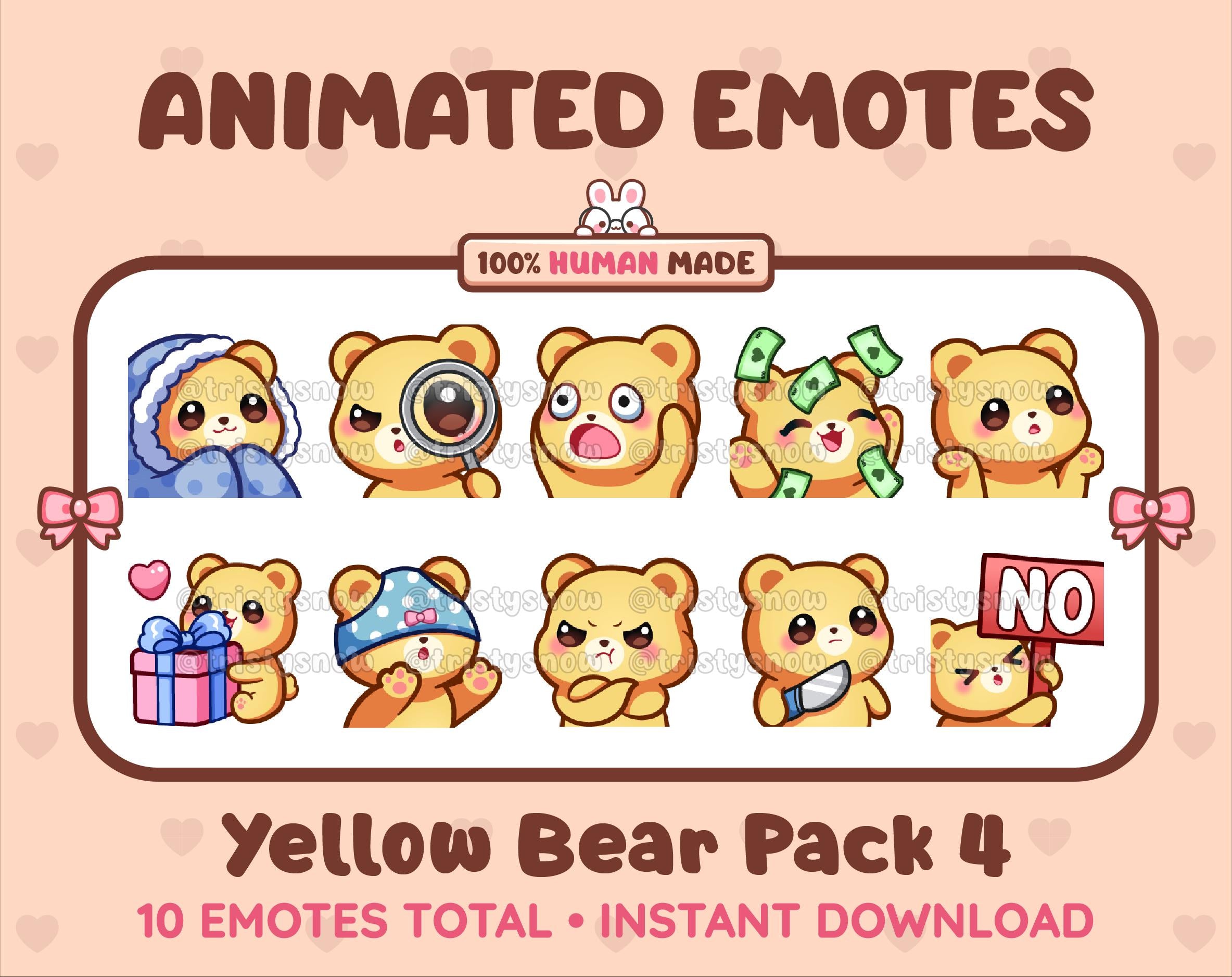Yellow Bear animated Twitch emote pack featuring 10 emotes including cozy, sus, panic, and shrug.