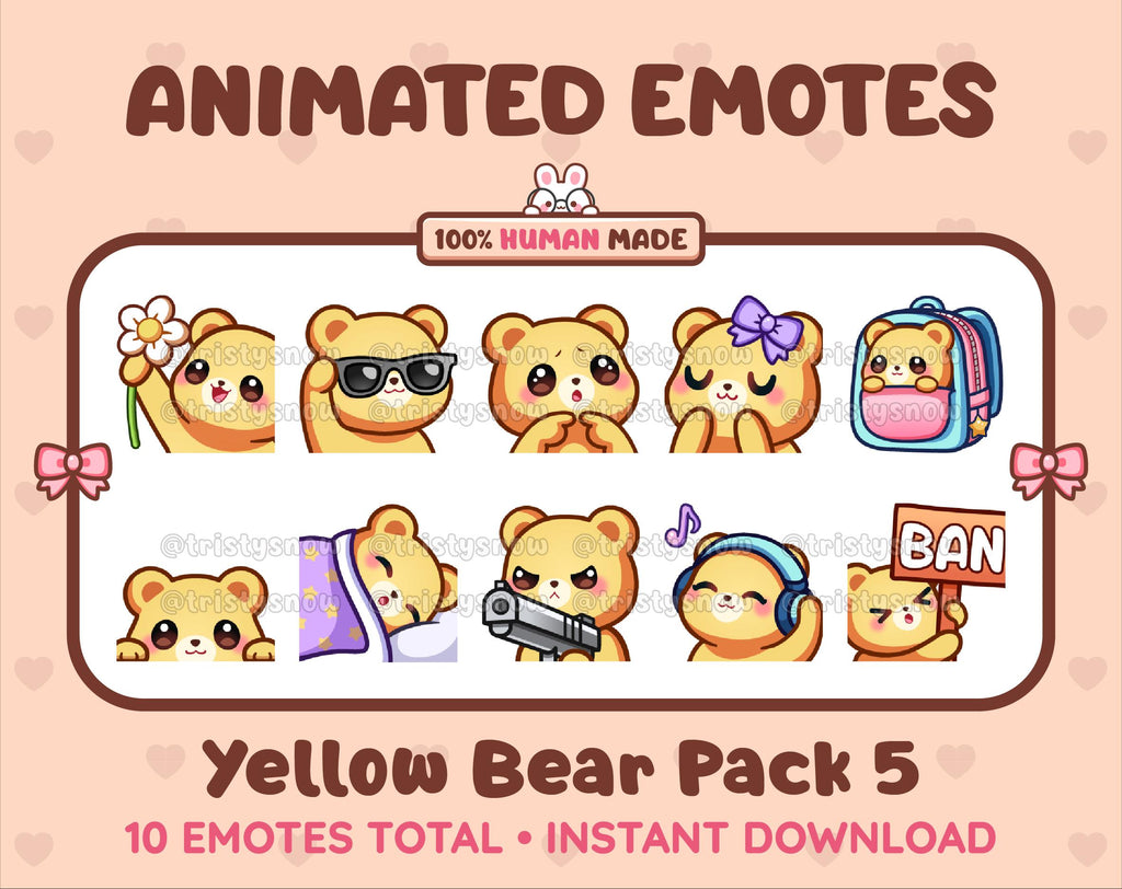 Yellow Bear animated Twitch emote pack featuring 10 emotes including flower, cool, plead, and lurk.