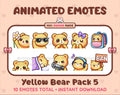 Yellow Bear animated Twitch emote pack featuring 10 emotes including flower, cool, plead, and lurk.