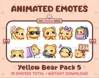 Yellow Bear animated Twitch emote pack featuring 10 emotes including flower, cool, plead, and lurk.