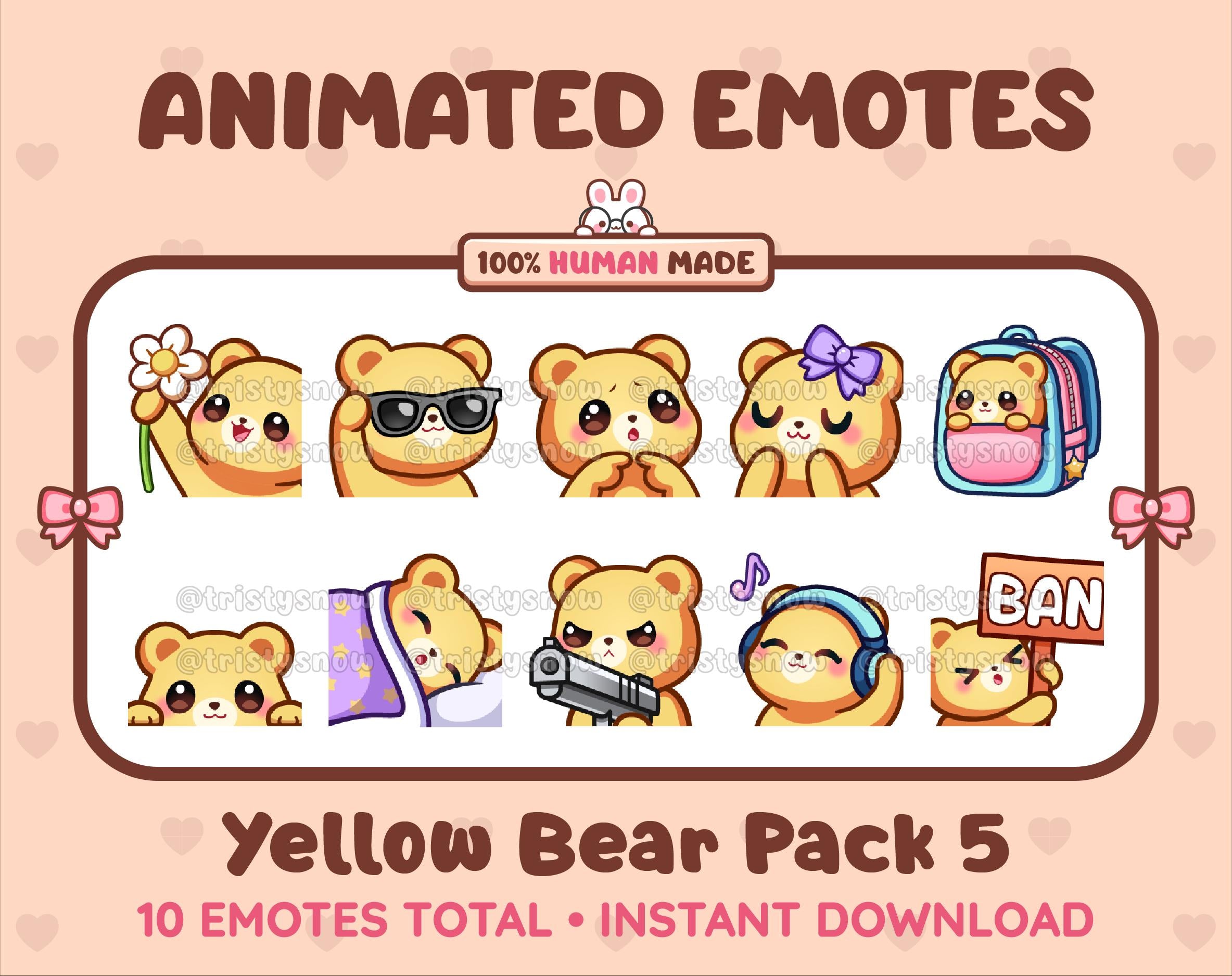 Yellow Bear animated Twitch emote pack featuring 10 emotes including flower, cool, plead, and lurk.