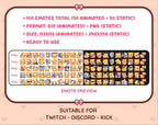 Yellow Bear animated Twitch emote mega pack preview displaying all 50 emotes with format and size information.