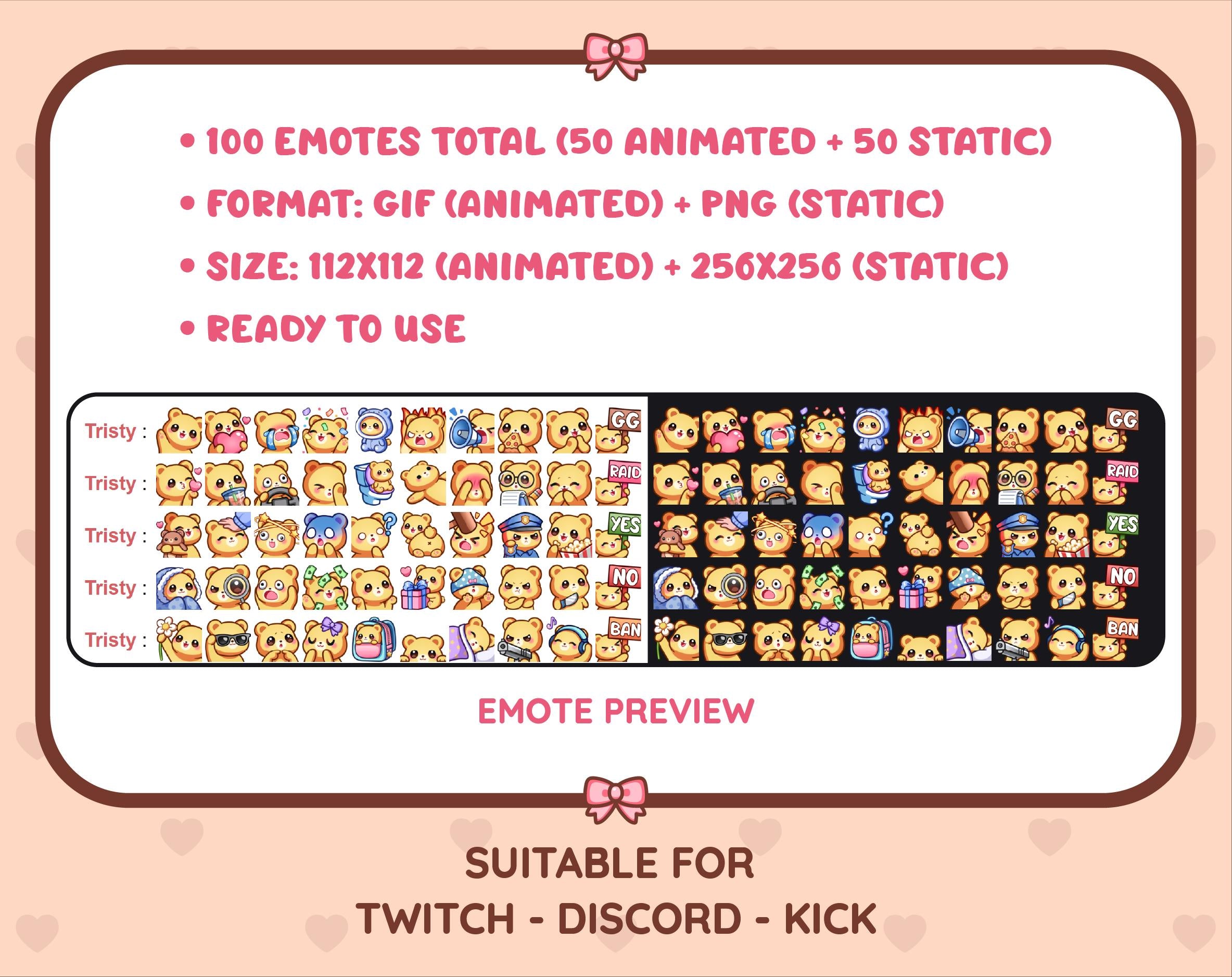 Yellow Bear animated Twitch emote mega pack preview displaying all 50 emotes with format and size information.