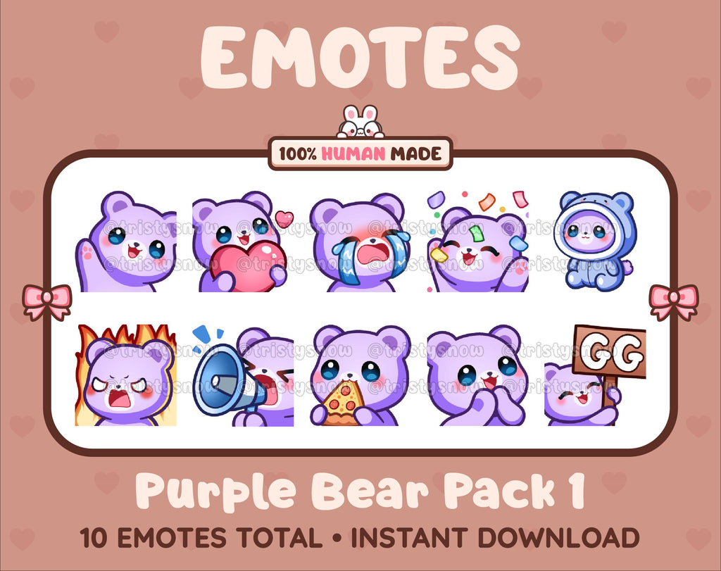 Purple Bear Twitch emote pack featuring 10 emotes including GG, angry, cry, and hype.