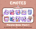 Purple Bear Twitch emote pack featuring 10 emotes including GG, angry, cry, and hype.