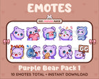 Purple Bear Twitch emote pack featuring 10 emotes including GG, angry, cry, and hype.