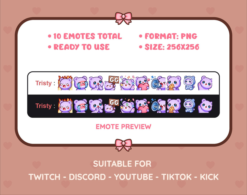 Purple Bear Twitch emote pack preview displaying all 10 emotes with format and size information.