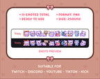 Purple Bear Twitch emote pack preview displaying all 10 emotes with format and size information.