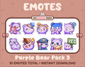 Purple Bear Twitch emote pack featuring 10 emotes including hug, scared, bonk, and popcorn.