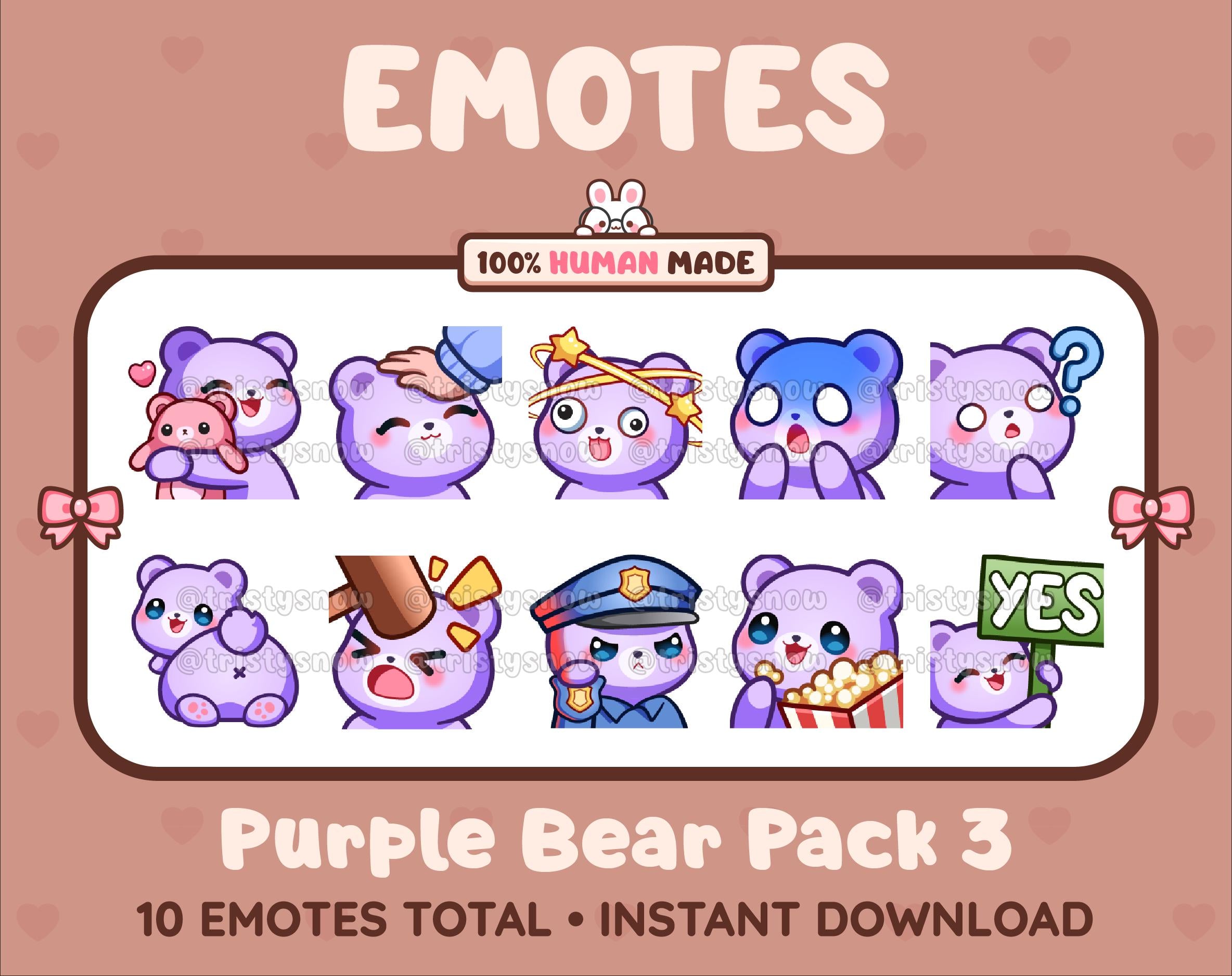 Purple Bear Twitch emote pack featuring 10 emotes including hug, scared, bonk, and popcorn.