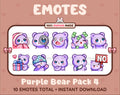 Purple Bear Twitch emote pack featuring 10 emotes including cozy, sus, panic, and shrug.