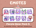 Purple Bear Twitch emote pack featuring 10 emotes including cozy, sus, panic, and shrug.