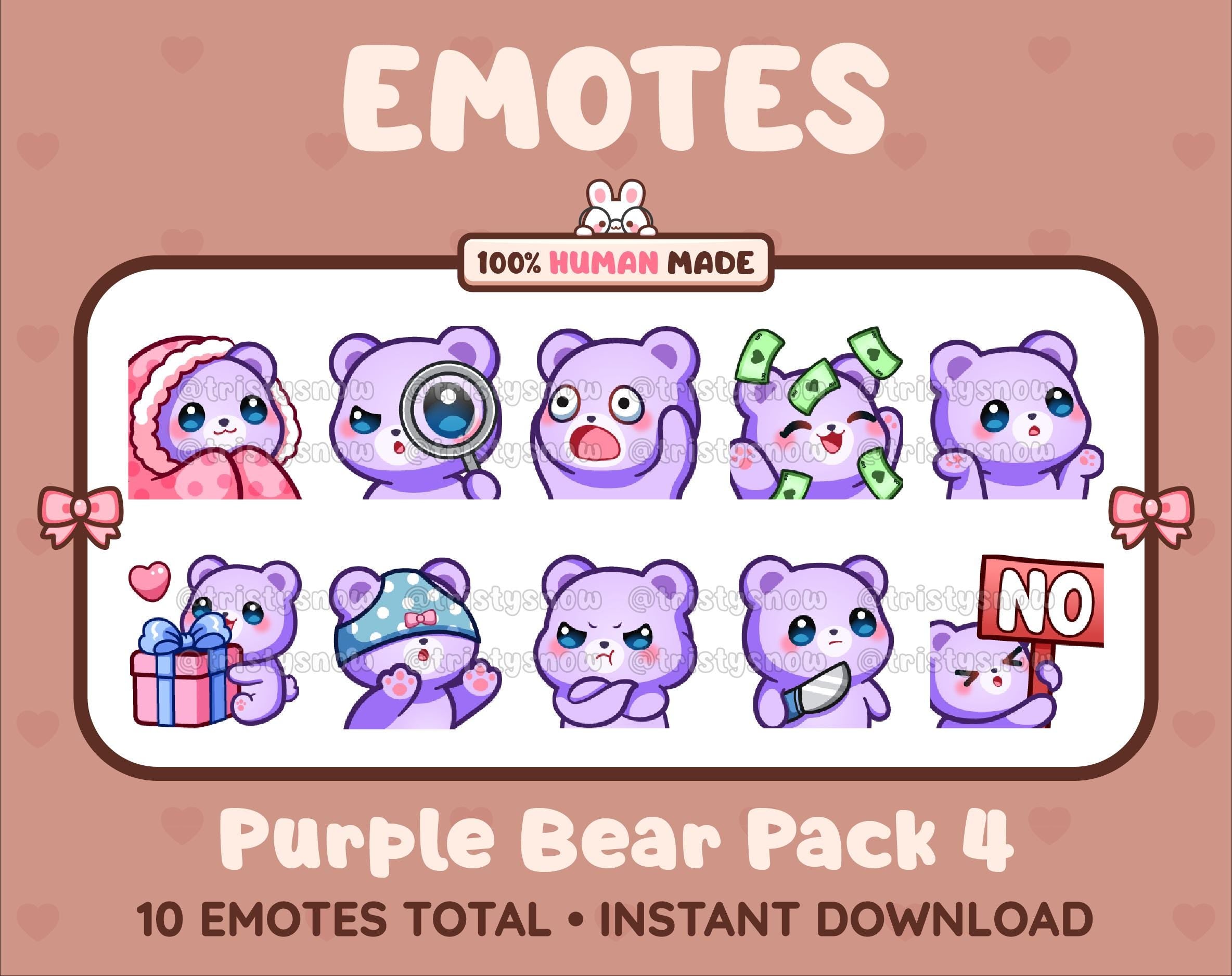 Purple Bear Twitch emote pack featuring 10 emotes including cozy, sus, panic, and shrug.