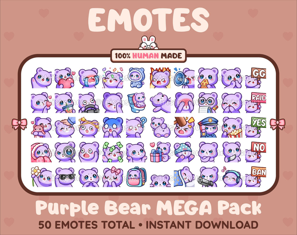 Purple Bear Twitch emote mega pack featuring 50 emotes including hype, kiss, raid, and lurk.