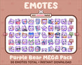 Purple Bear Twitch emote mega pack featuring 50 emotes including hype, kiss, raid, and lurk.