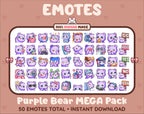 Purple Bear Twitch emote mega pack featuring 50 emotes including hype, kiss, raid, and lurk.