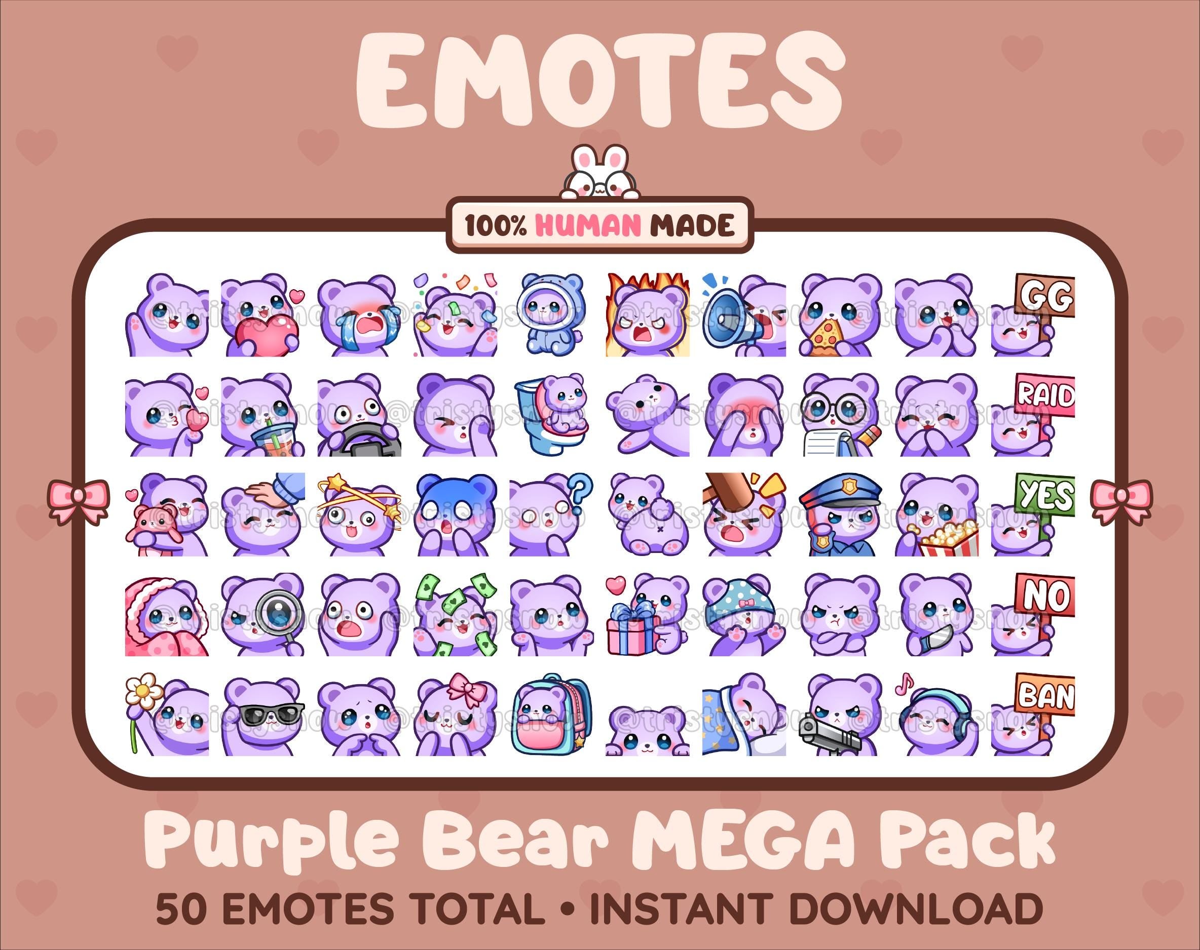 Purple Bear Twitch emote mega pack featuring 50 emotes including hype, kiss, raid, and lurk.