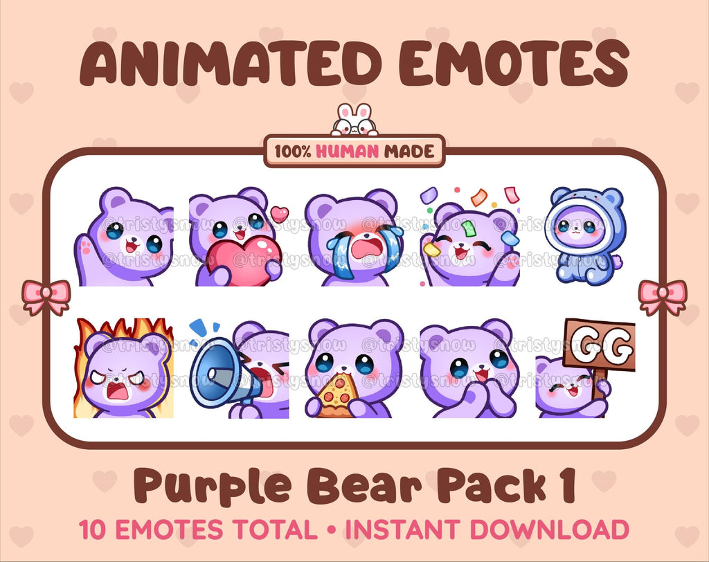 Purple Bear animated Twitch emote pack featuring 10 emotes including GG, angry, cry, and hype.