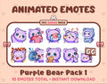 Purple Bear animated Twitch emote pack featuring 10 emotes including GG, angry, cry, and hype.