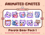 Purple Bear animated Twitch emote pack featuring 10 emotes including GG, angry, cry, and hype.