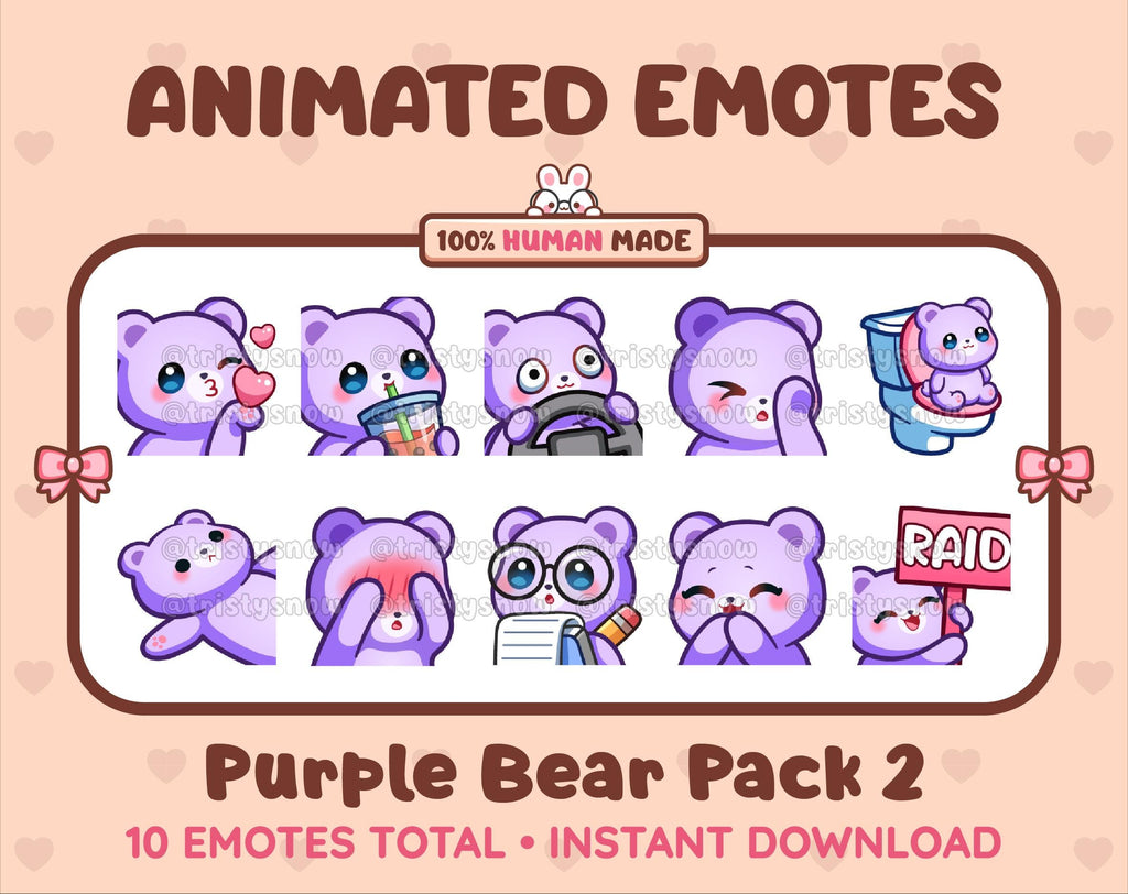 Purple Bear animated Twitch emote pack featuring 10 emotes including kiss, facepalm, shy, and raid.