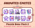 Purple Bear animated Twitch emote pack featuring 10 emotes including kiss, facepalm, shy, and raid.