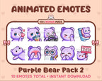 Purple Bear animated Twitch emote pack featuring 10 emotes including kiss, facepalm, shy, and raid.